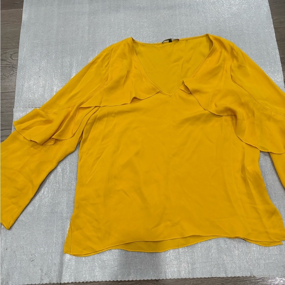 [XL]Kobi Halperin Ryann Ruffle Bell Sleeve Silk Blouse Yellow - Picture 2 of 8